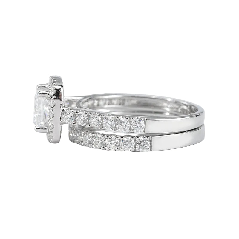 0.80ct Square Cut Bridal Ring Set – Pavé Halo & Matching Band