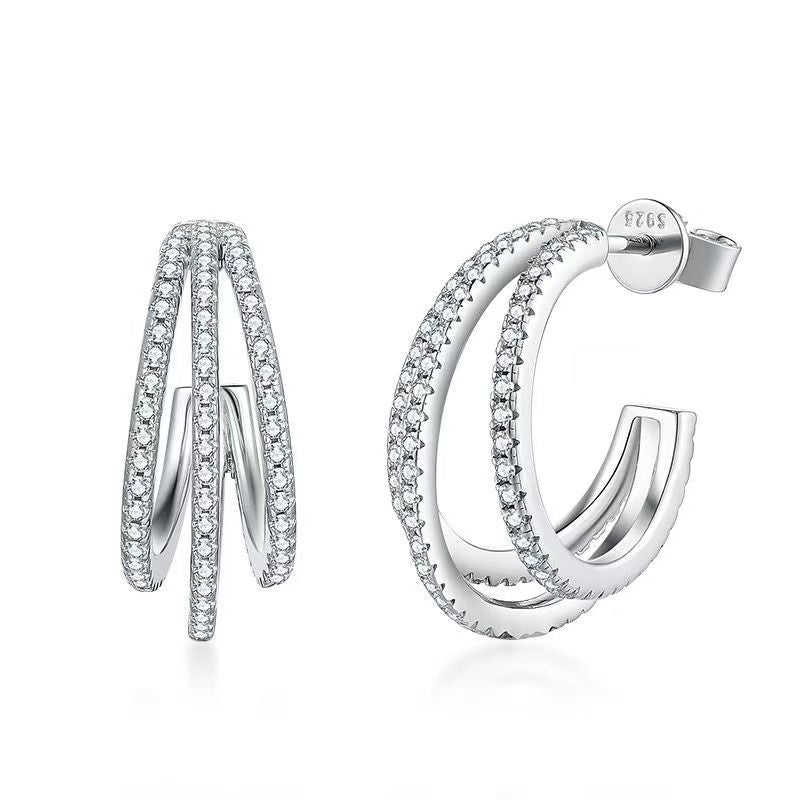 Triple Row Pavé Stud Earrings – 1.03ct Total, DEF, White Gold Plated Sterling Silver