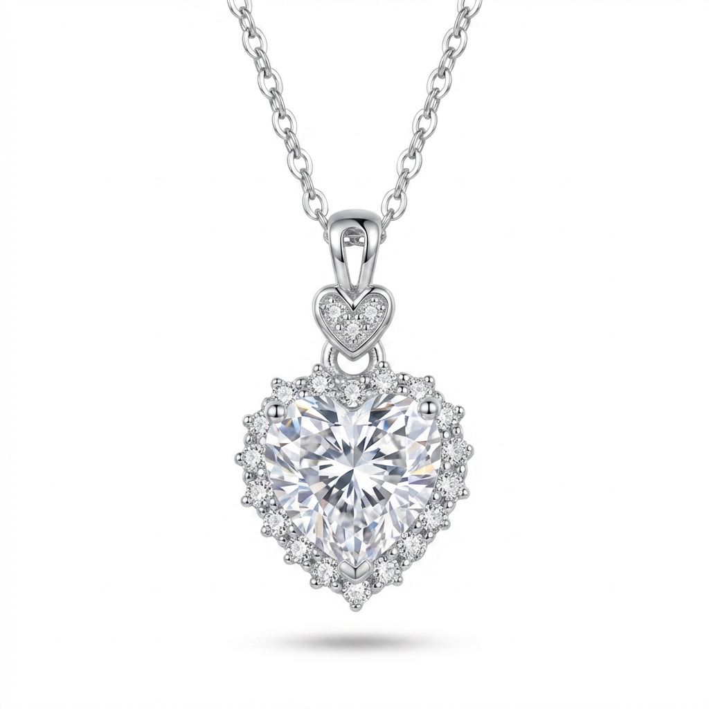 White Crushed Ice CZ Heart Necklace – Moissanite Halo, Sterling Silver
