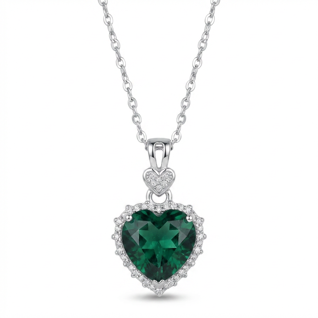 Zambian Lab Emerald Heart Necklace – Moissanite Halo, Sterling Silver
