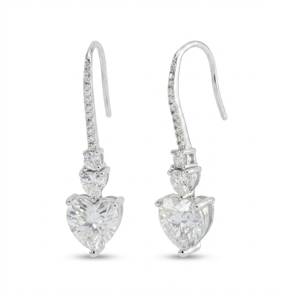 Moissanite Heart Drop Pavé Earrings – 4.81ct Total DEF, Sterling Silver