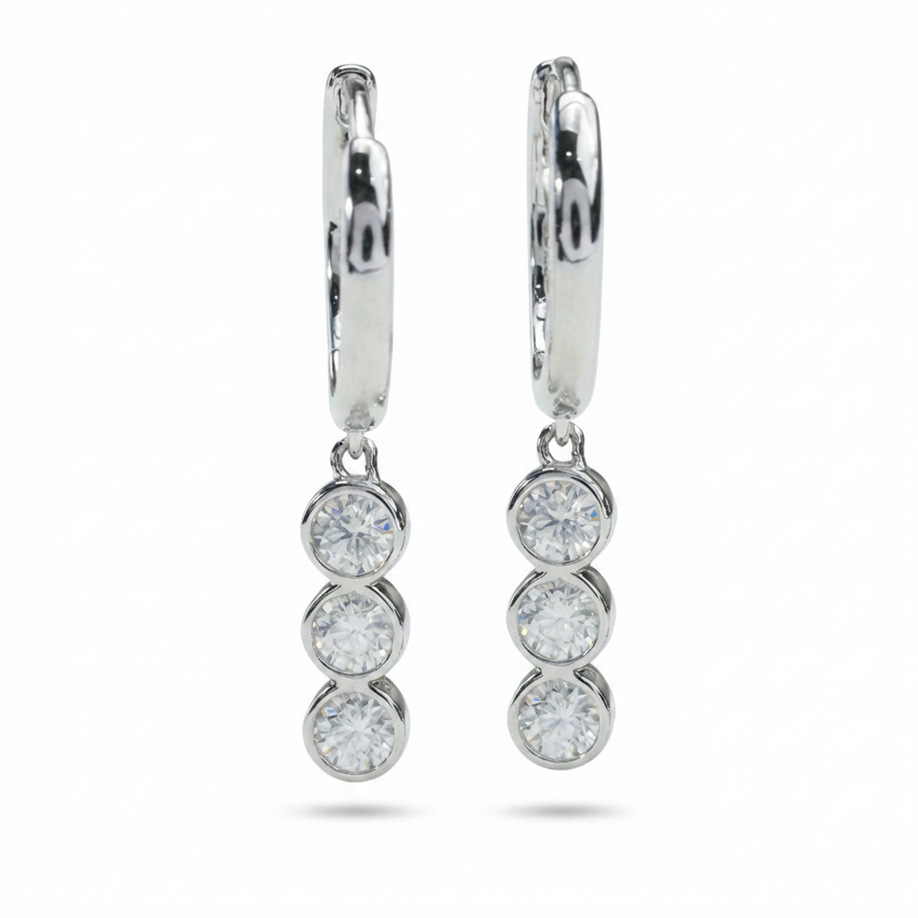 Moissanite Triple Drop Huggie Earrings – 1.2ct DEF, Sterling Silver
