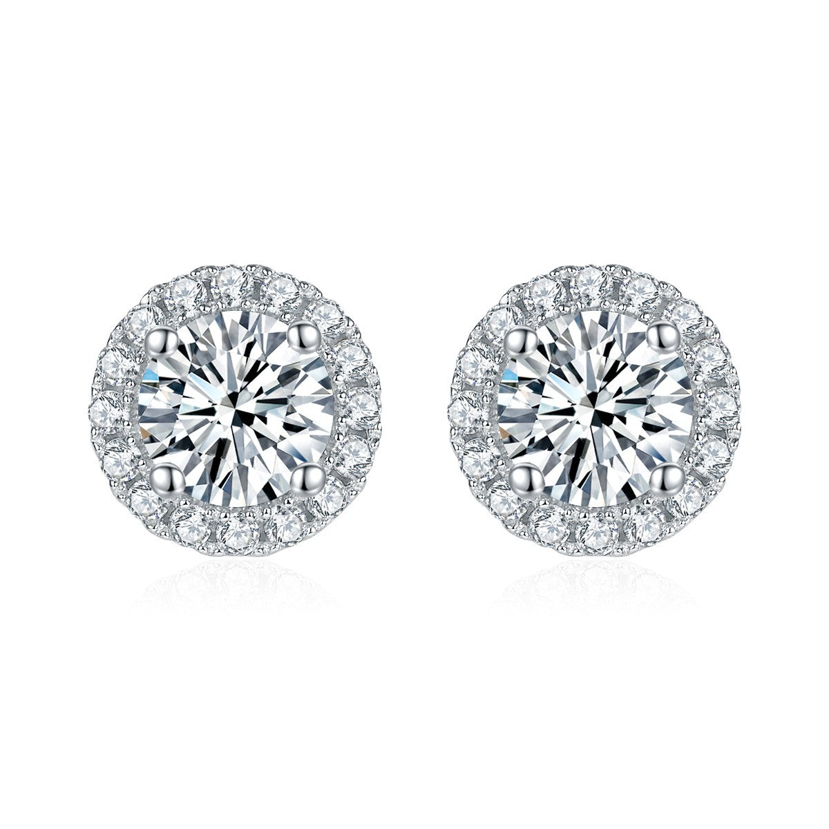 Moissanite Halo Stud Earrings – 2.0ct DEF, 6.5mm Centre, Sterling Silver