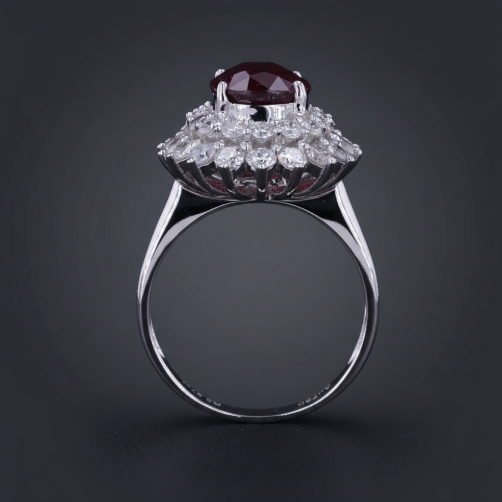 Pigeon Blood Ruby & Diamond Halo Ring – 3.57ct Ruby, 18K White Gold - Mara & Co UK