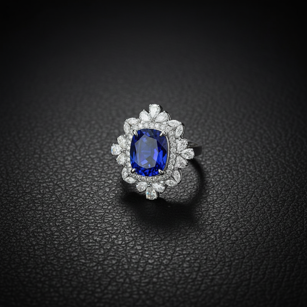 Royal Blue Lab Sapphire & Moissanite Halo Ring – Sterling Silver - Mara & Co UK