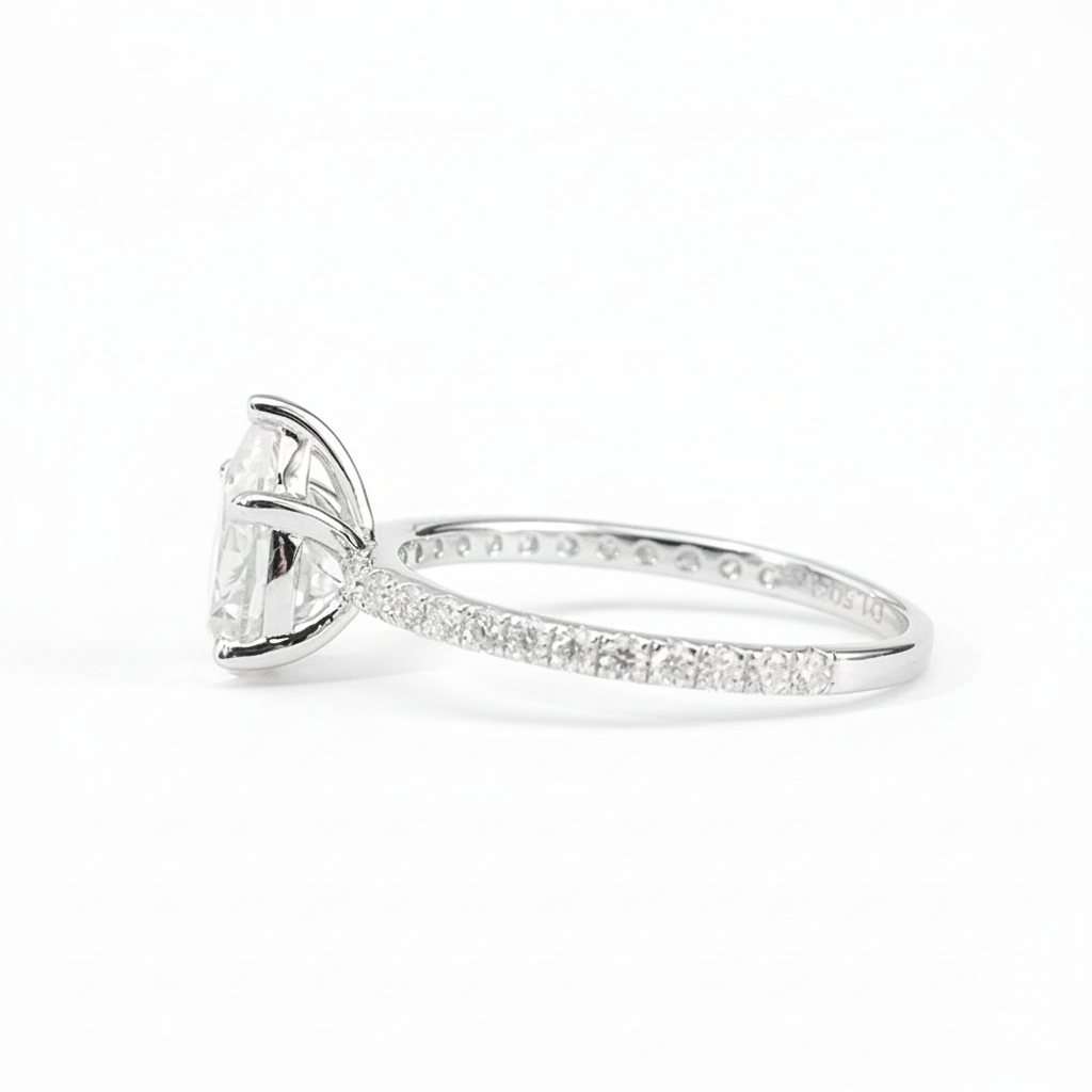 1.5ct Pear Moissanite Ring – DEF, Pavé Band, White Gold Plated 925 Silver