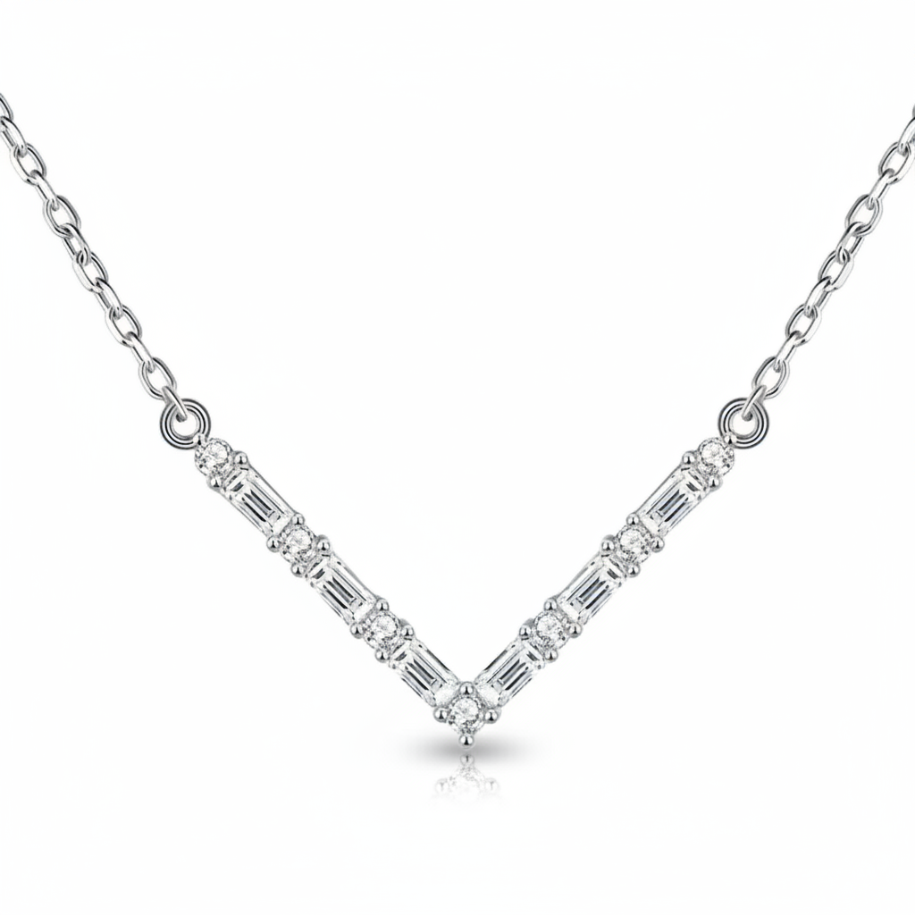 Moissanite V Bar Necklace – DEF 925 Sterling Silver (White Gold Plated)