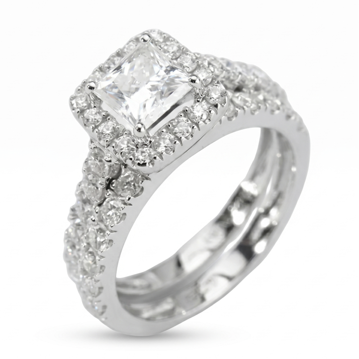 0.80ct Square Cut Bridal Ring Set – Pavé Halo & Matching Band