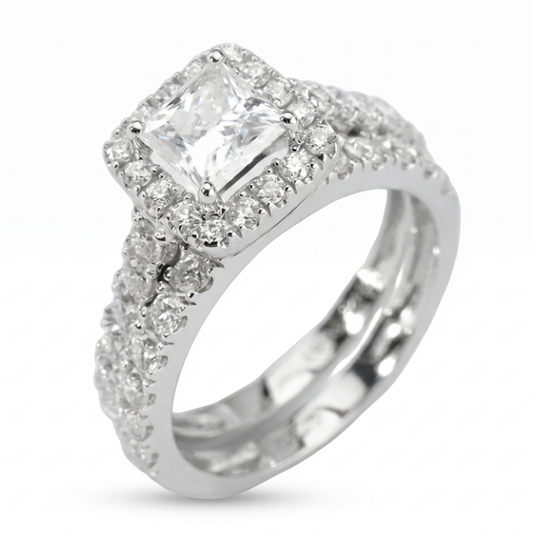 0.80ct Square Cut Bridal Ring Set – Pavé Halo & Matching Band