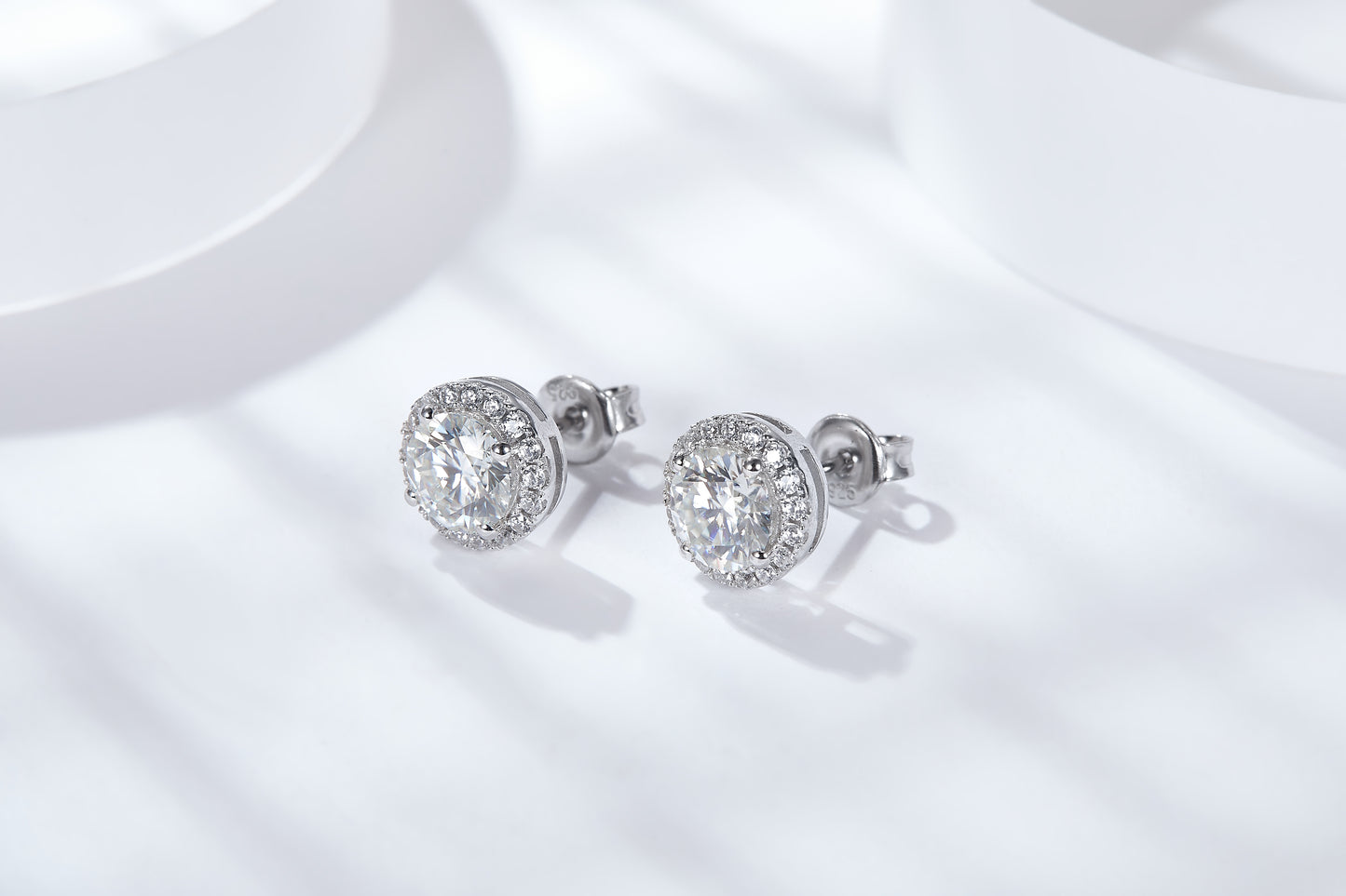 moissanite classic halo stud earrings pair 2.0ct DEF sterling silver – side view UK