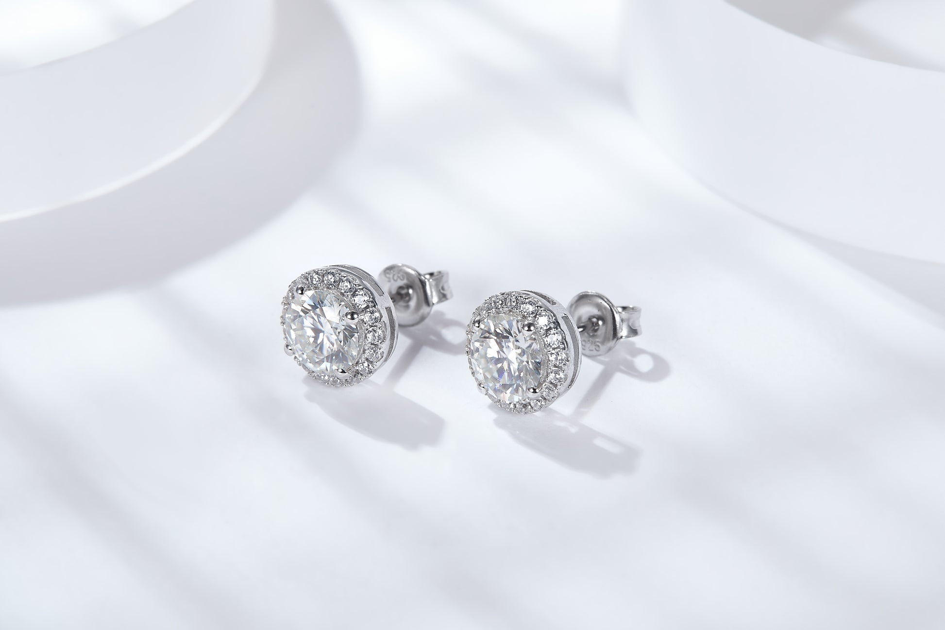 moissanite classic halo stud earrings pair 2.0ct DEF sterling silver – side view UK