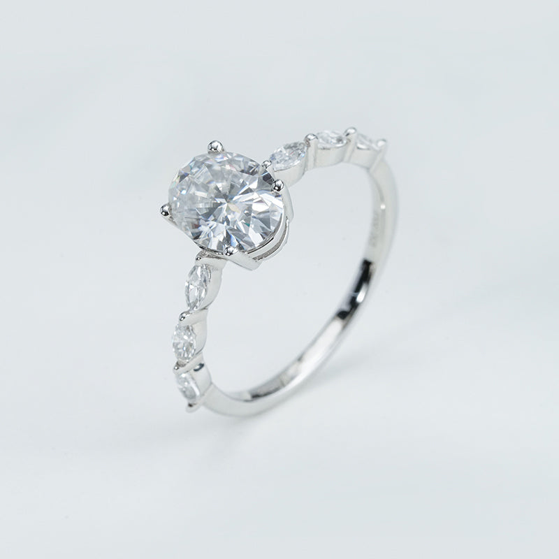 Oval Moissanite & Marquise CZ Accents Ring – 2.0ct, Sterling Silver