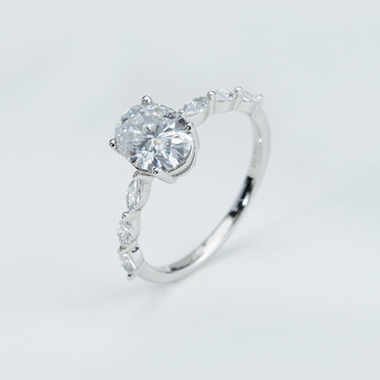 Oval Moissanite & Marquise CZ Accents Ring – 2.0ct, Sterling Silver