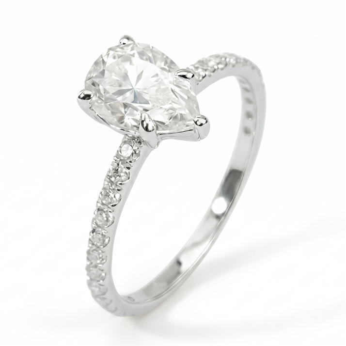 1.5ct Pear Moissanite Ring – DEF, Pavé Band, White Gold Plated 925 Silver