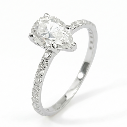 1.5ct Pear Moissanite Ring – DEF, Pavé Band, White Gold Plated 925 Silver