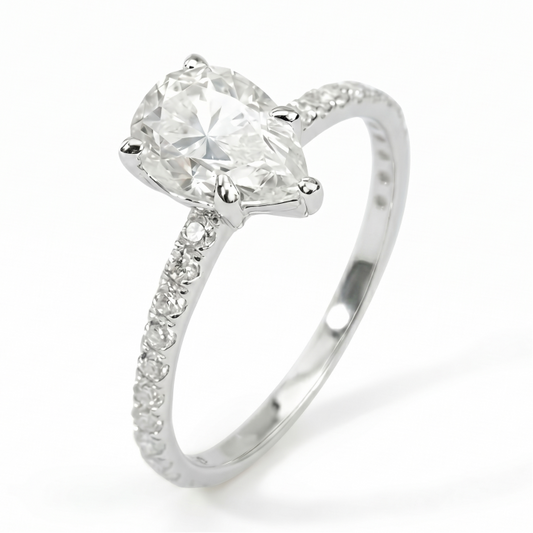 1.5ct Pear Moissanite Ring – DEF, Pavé Band, White Gold Plated 925 Silver
