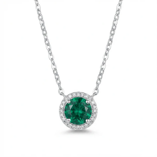 Emerald Halo Pendant Necklace - Sterling Silver