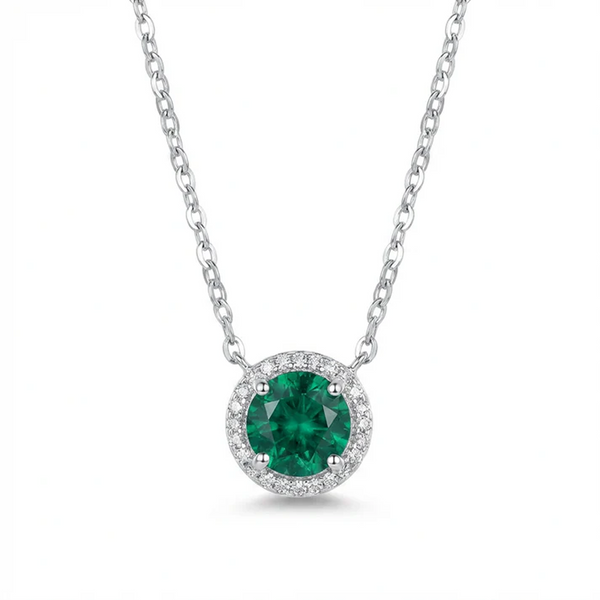 Emerald Halo Pendant Necklace - Sterling Silver