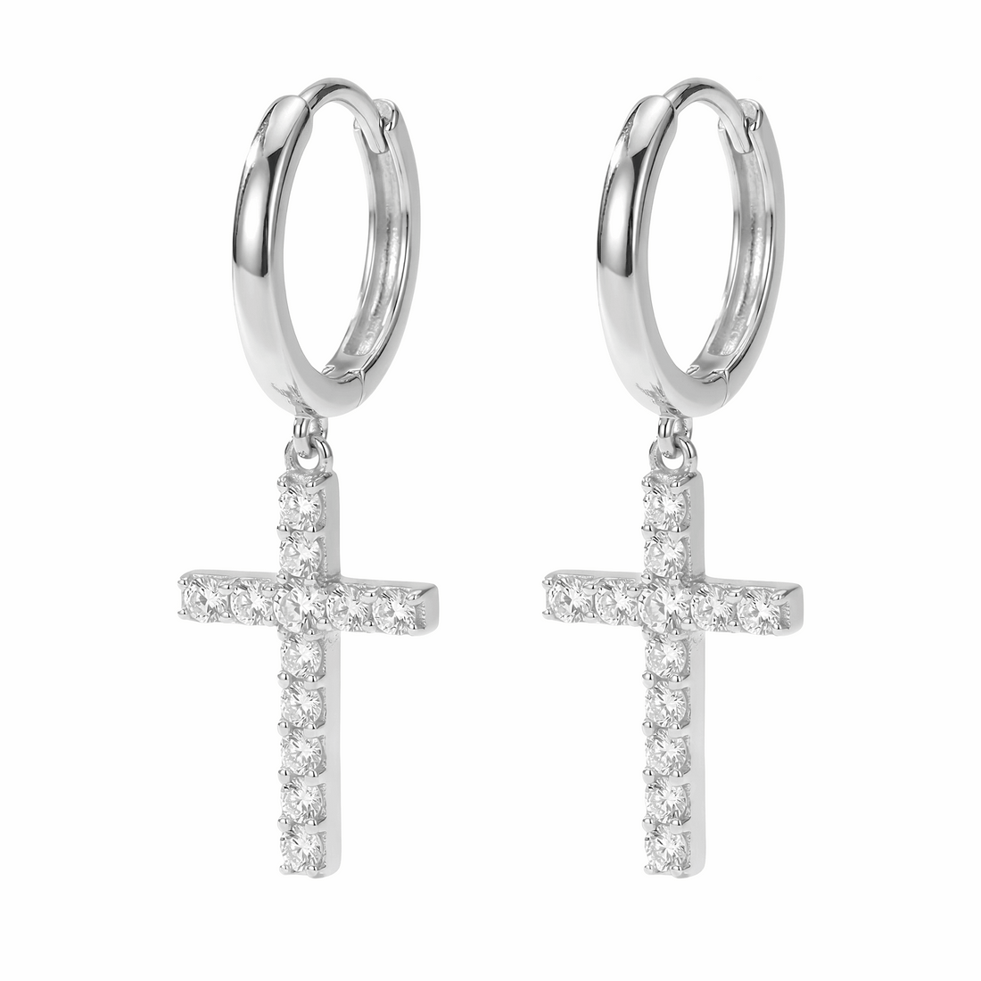 Moissanite Cross Drop Huggie Earrings – 0.96ct DEF, Sterling Silver