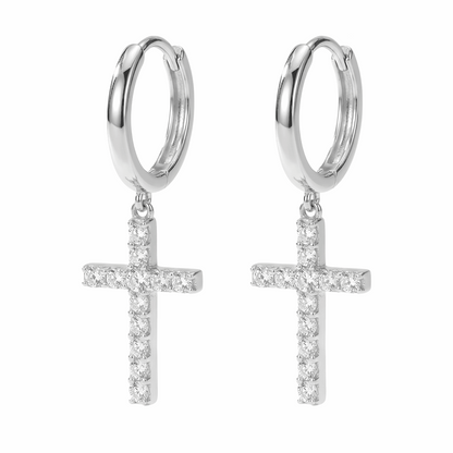 Moissanite Cross Drop Huggie Earrings – 0.96ct DEF, Sterling Silver