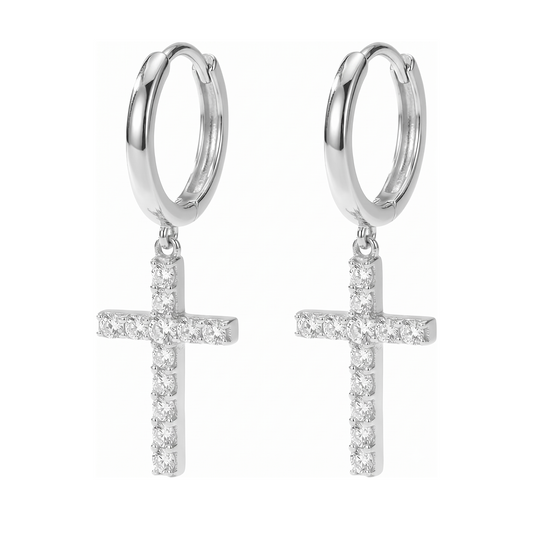 Moissanite Cross Drop Huggie Earrings – 0.96ct DEF, Sterling Silver