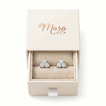 Three stone cluster stud earrings – moissanite jewellery UK – Mara & Co UK