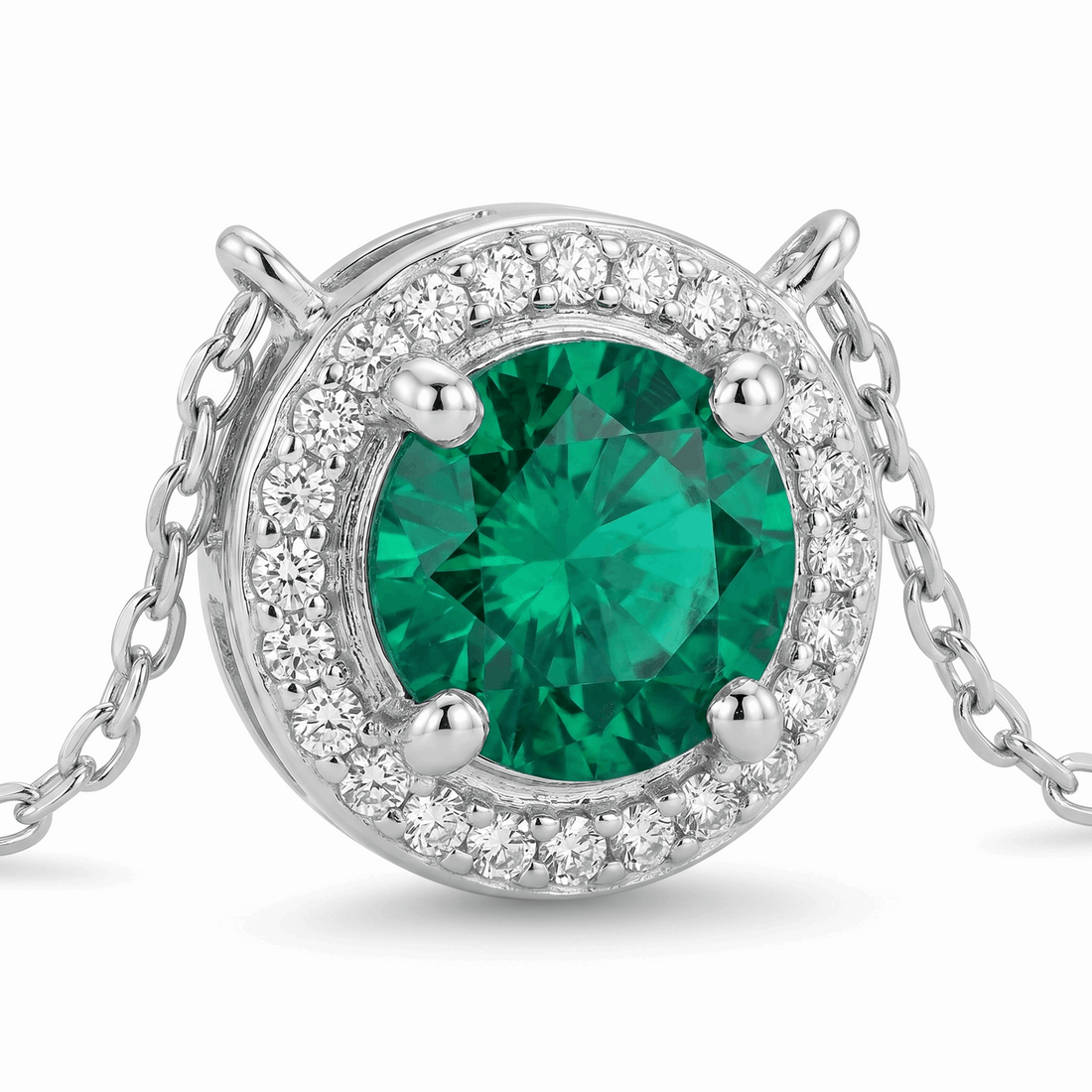 Emerald halo pendant necklace – green gemstone halo necklace sterling silver – Mara & Co UK