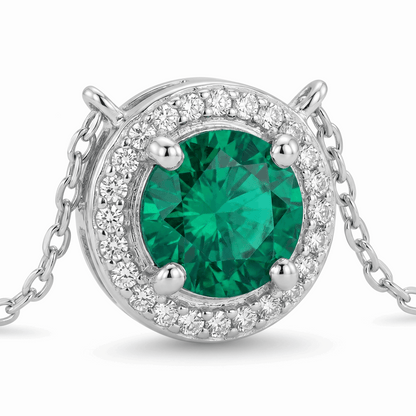 Emerald halo pendant necklace – green gemstone halo necklace sterling silver – Mara & Co UK