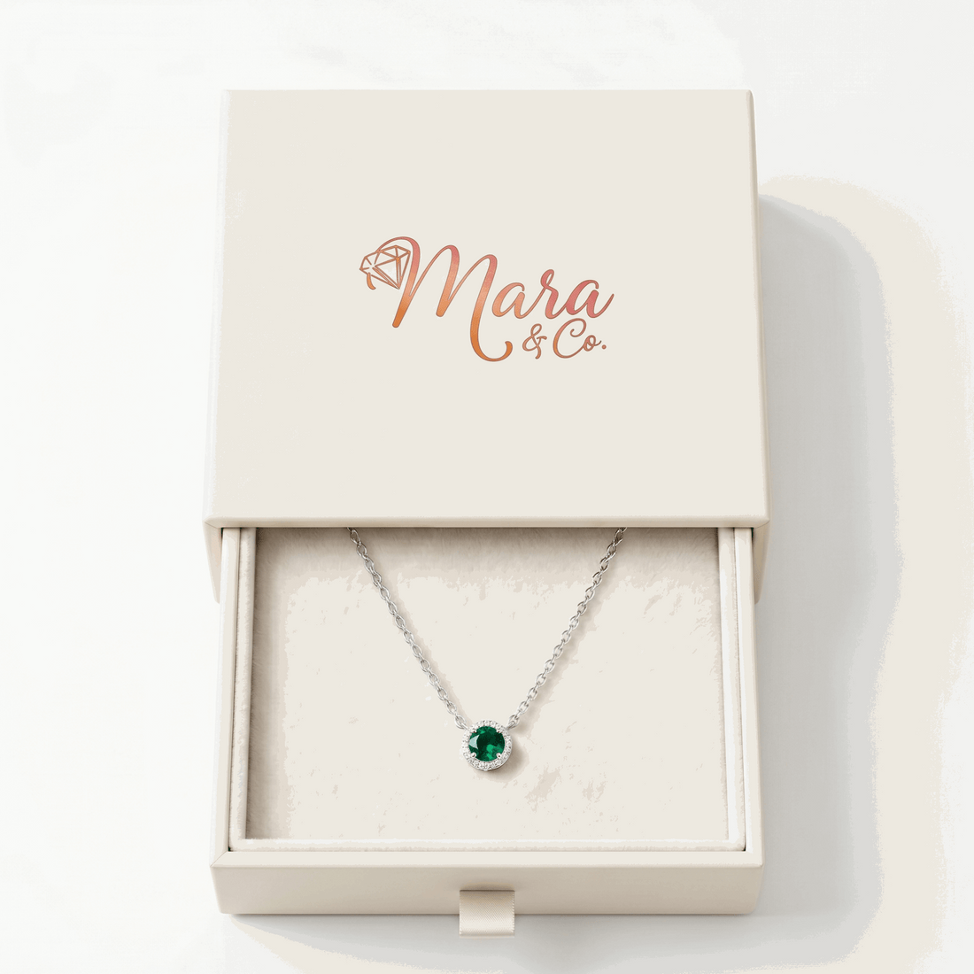 Emerald halo pendant necklace – sterling silver gemstone pendant UK – Mara & Co UK