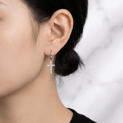 Moissanite Cross Drop Huggie Earrings – 0.96ct DEF, Sterling Silver