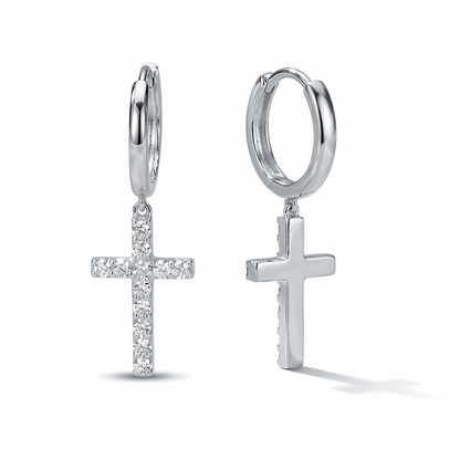Moissanite Cross Drop Huggie Earrings – 0.96ct DEF, Sterling Silver