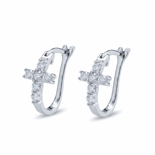 Moissanite Cross Huggie Earrings – 1.68ct DEF, Sterling Silver