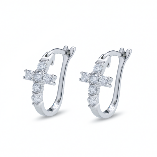 Moissanite Cross Huggie Earrings – 1.68ct DEF, Sterling Silver