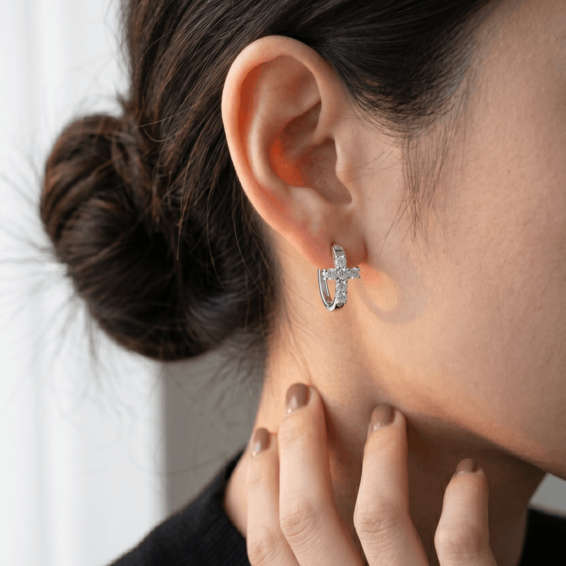 Moissanite Cross Huggie Earrings – 1.68ct DEF, Sterling Silver
