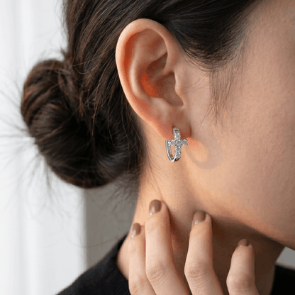 Moissanite Cross Huggie Earrings – 1.68ct DEF, Sterling Silver