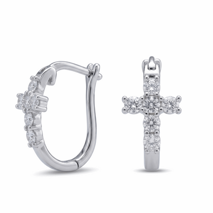 Moissanite Cross Huggie Earrings – 1.68ct DEF, Sterling Silver
