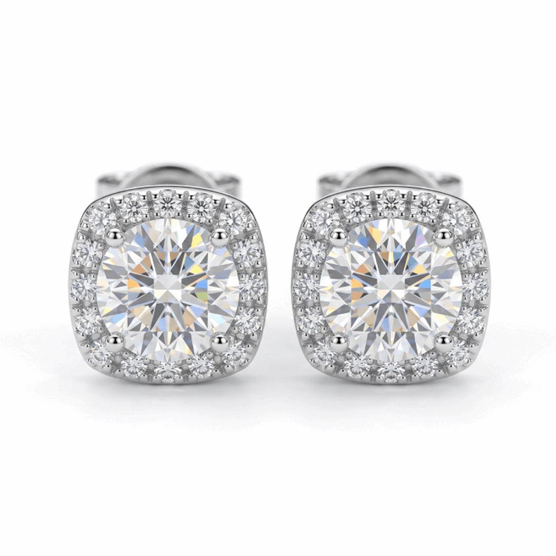 Moissanite Cushion Halo Stud Earrings – 2.0ct DEF, Sterling Silver