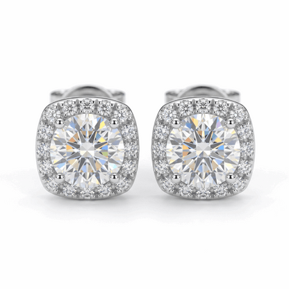 Moissanite Cushion Halo Stud Earrings – 2.0ct DEF, Sterling Silver