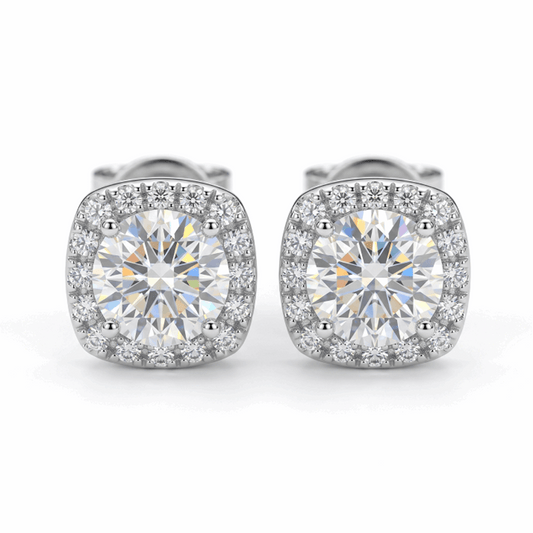 Moissanite Cushion Halo Stud Earrings – 2.0ct DEF, Sterling Silver
