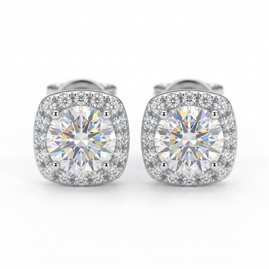 Moissanite Cushion Halo Stud Earrings – 2.0ct DEF, Sterling Silver