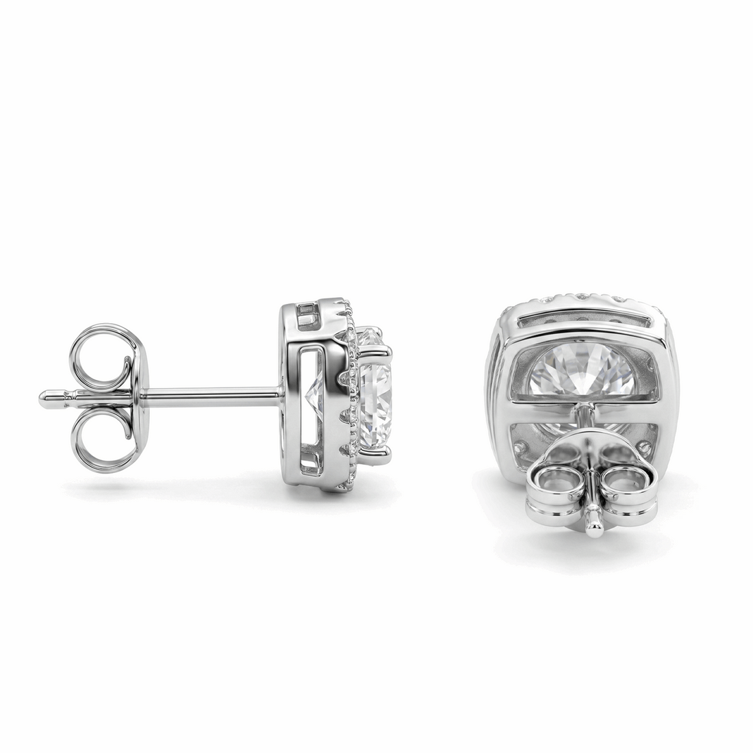 Moissanite Cushion Halo Stud Earrings – 2.0ct DEF, Sterling Silver