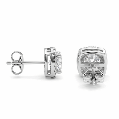 Moissanite Cushion Halo Stud Earrings – 2.0ct DEF, Sterling Silver