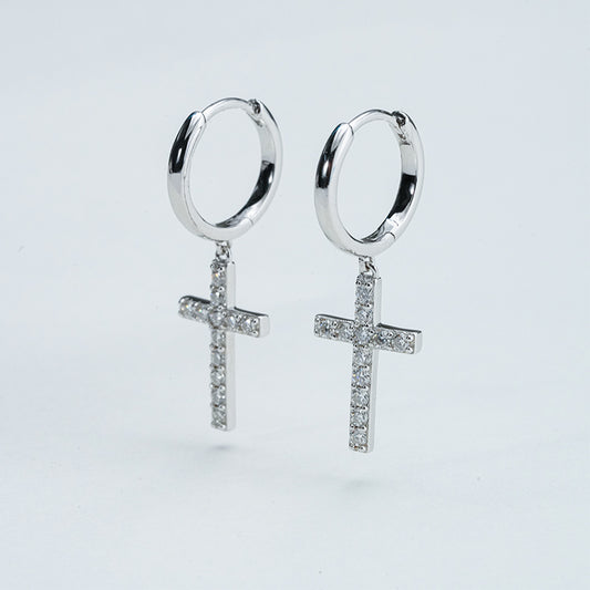 Moissanite Cross Drop Huggie Earrings – 0.96ct DEF, Sterling Silver