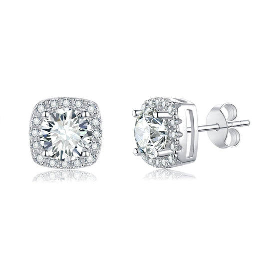 Moissanite Cushion Halo Stud Earrings – 2.0ct DEF, Sterling Silver
