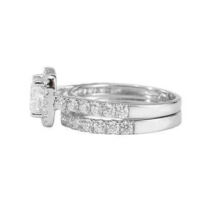 0.80ct Square Cut Bridal Ring Set – Pavé Halo & Matching Band