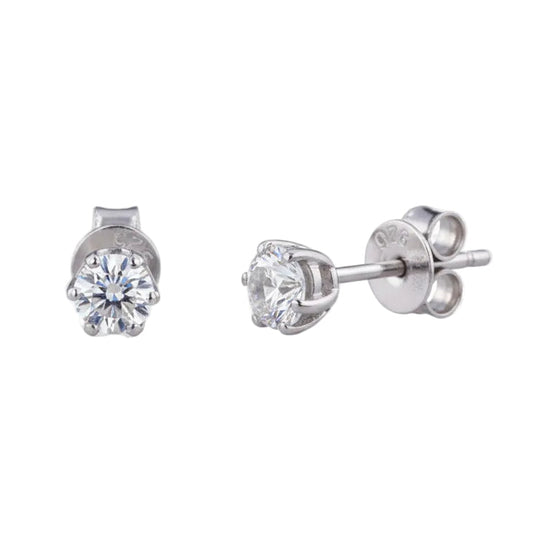 Pair of silver stud earrings with clear gemstones on a transparent background