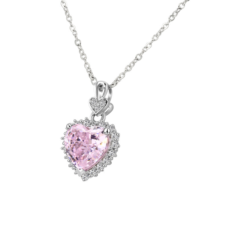 pink crushed ice CZ heart necklace moissanite halo sterling silver – angled view UK