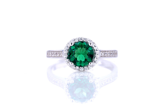 Zambian Lab Emerald Classic Round Halo Ring – 1.0ct Centre, Sterling Silver