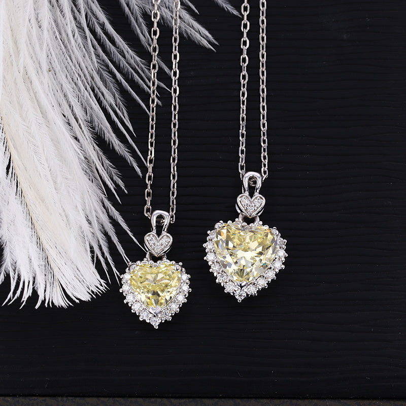 yellow crushed ice CZ heart necklaces 1ct and 2ct moissanite halo sterling silver – side by side UK