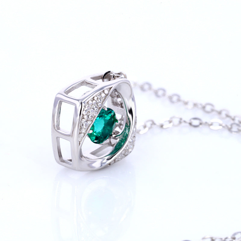 Dancing Emerald Floating Pendant Necklace – Lab Emerald & CZ, Sterling Silver